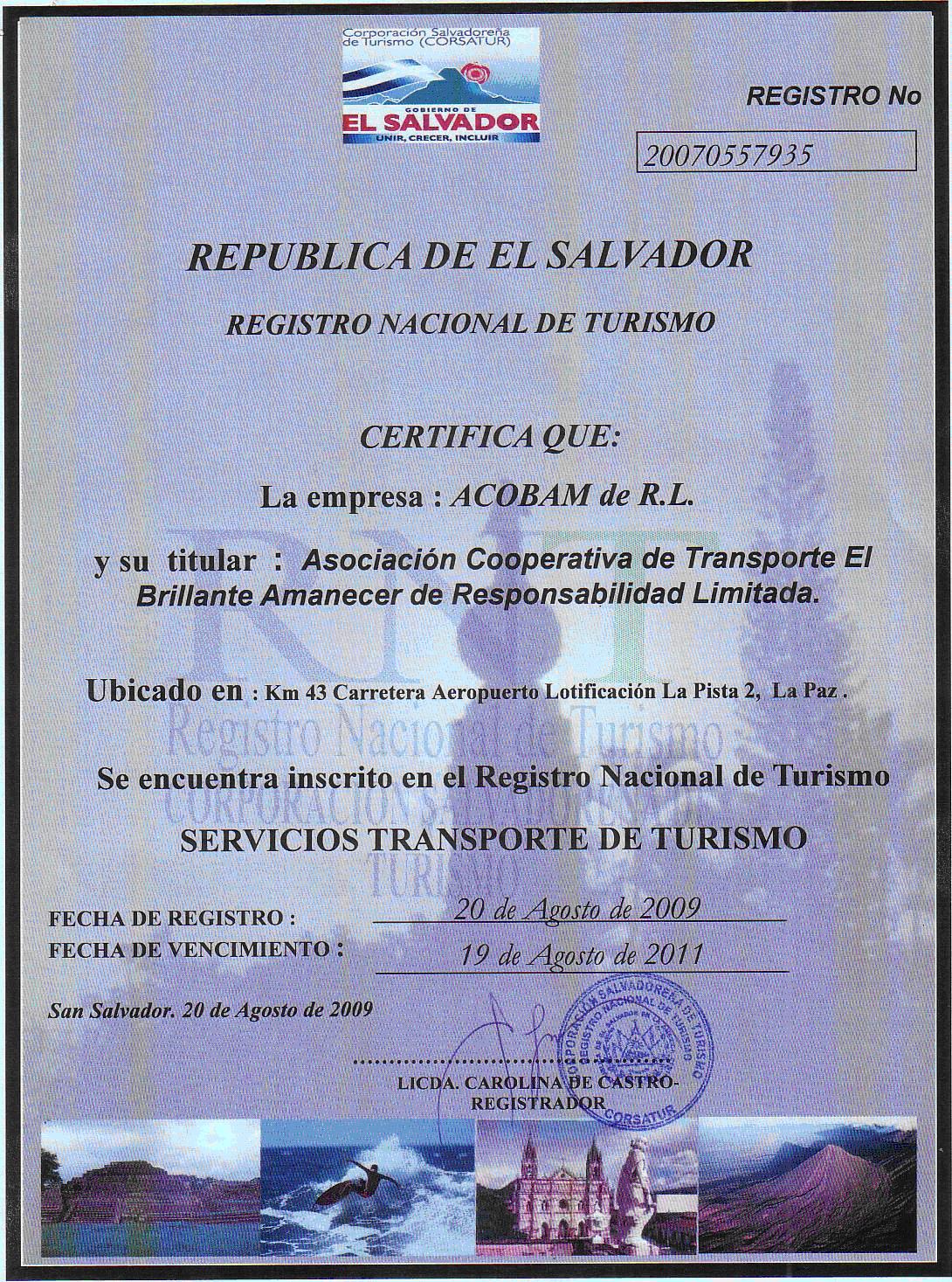 Certificacion a Acobam de rl por el Ministerio de turismo